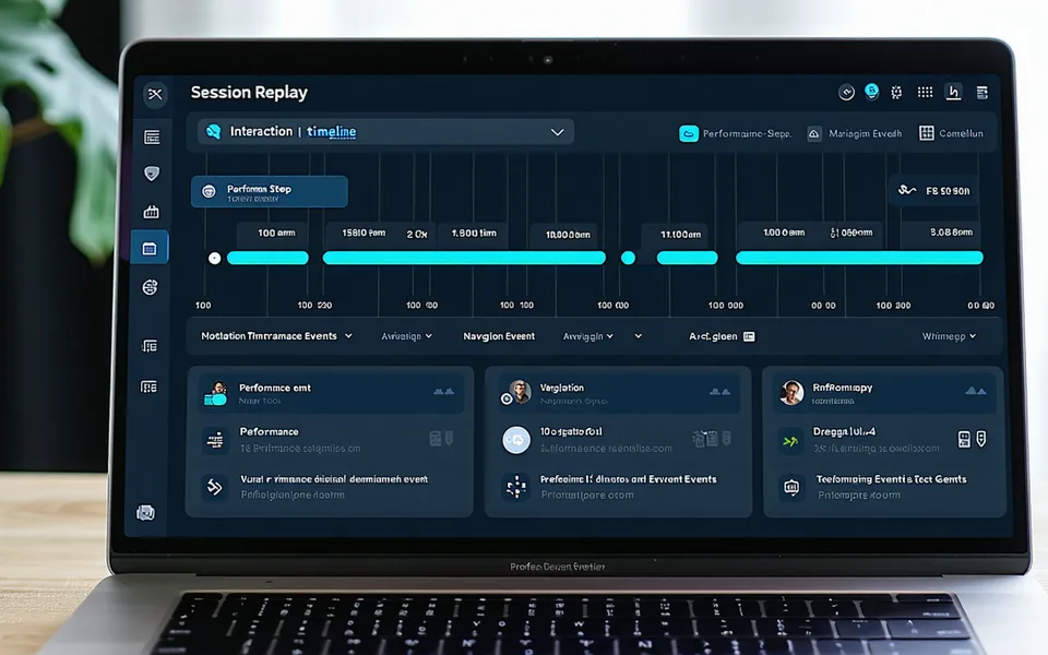 Session replay timeline interface showing user interaction events on a web application, dark-themed performance monitoring tool